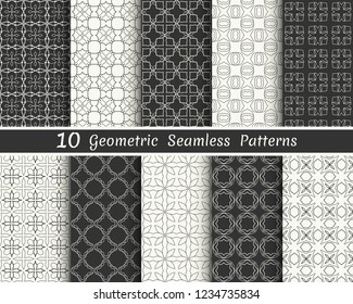 Set of seamless geometric patterns. Black and white line backgrounds collection. Endless repeating linear texture for wallpaper, packaging, banners, invitations, business cards, fabric print