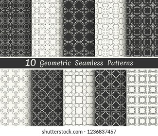 Set of seamless geometric patterns. Black and white line backgrounds collection. Endless repeating linear texture for wallpaper, packaging, banners, invitations, business cards, fabric print