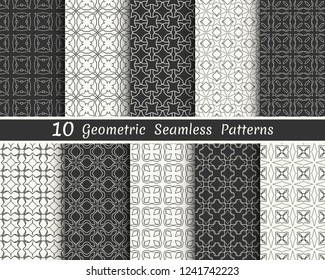 Set of seamless geometric patterns. Black and white line backgrounds collection. Endless repeating linear texture for wallpaper, packaging, banners, invitations, business cards, fabric print