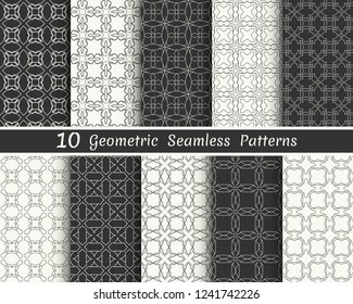 Set of seamless geometric patterns. Black and white line backgrounds collection. Endless repeating linear texture for wallpaper, packaging, banners, invitations, business cards, fabric print
