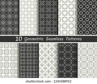 Set of seamless geometric patterns. Black and white line backgrounds collection. Endless repeating linear texture for wallpaper, packaging, banners, invitations, business cards, fabric print