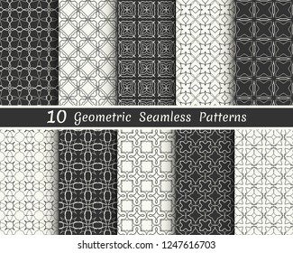 Set of seamless geometric patterns. Black and white line backgrounds collection. Endless repeating linear texture for wallpaper, packaging, banners, invitations, business cards, fabric print