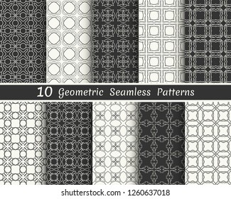 Set of seamless geometric patterns. Black and white line backgrounds collection. Endless repeating linear texture for wallpaper, packaging, banners, invitations, business cards, fabric print