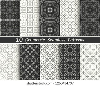 Set of seamless geometric patterns. Black and white line backgrounds collection. Endless repeating linear texture for wallpaper, packaging, banners, invitations, business cards, fabric print