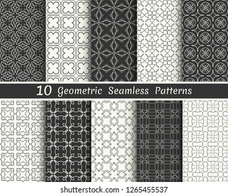Set of seamless geometric patterns. Black and white line backgrounds collection. Endless repeating linear texture for wallpaper, packaging, banners, invitations, business cards, fabric print