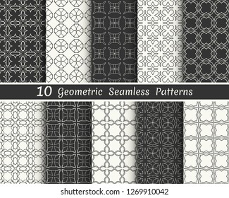 Set of seamless geometric patterns. Black and white line backgrounds collection. Endless repeating linear texture for wallpaper, packaging, banners, invitations, business cards, fabric print