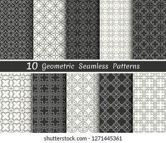 Set of seamless geometric patterns. Black and white line backgrounds collection. Endless repeating linear texture for wallpaper, packaging, banners, invitations, business cards, fabric print