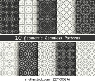 Set of seamless geometric patterns. Black and white line backgrounds collection. Endless repeating linear texture for wallpaper, packaging, banners, invitations, business cards, fabric print