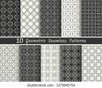 Set of seamless geometric patterns. Black and white line backgrounds collection. Endless repeating linear texture for wallpaper, packaging, banners, invitations, business cards, fabric print