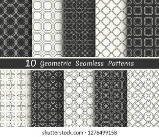 Set of seamless geometric patterns. Black and white line backgrounds collection. Endless repeating linear texture for wallpaper, packaging, banners, invitations, business cards, fabric print