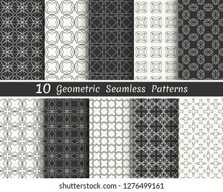 Set of seamless geometric patterns. Black and white line backgrounds collection. Endless repeating linear texture for wallpaper, packaging, banners, invitations, business cards, fabric print