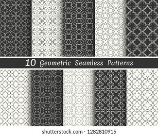Set of seamless geometric patterns. Black and white line backgrounds collection. Endless repeating linear texture for wallpaper, packaging, banners, invitations, business cards, fabric print