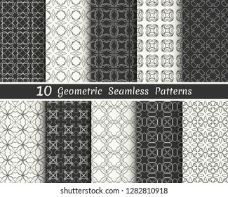 Set of seamless geometric patterns. Black and white line backgrounds collection. Endless repeating linear texture for wallpaper, packaging, banners, invitations, business cards, fabric print
