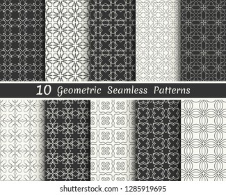 Set of seamless geometric patterns. Black and white line backgrounds collection. Endless repeating linear texture for wallpaper, packaging, banners, invitations, business cards, fabric print