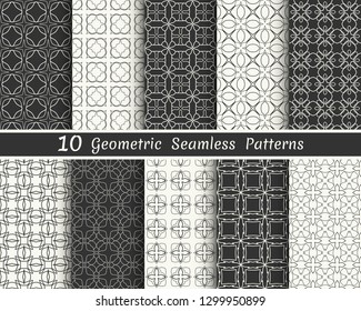 Set of seamless geometric patterns. Black and white line backgrounds collection. Endless repeating linear texture for wallpaper, packaging, banners, invitations, business cards, fabric print