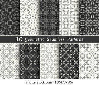 Set of seamless geometric patterns. Black and white line backgrounds collection. Endless repeating linear texture for wallpaper, packaging, banners, invitations, business cards, fabric print