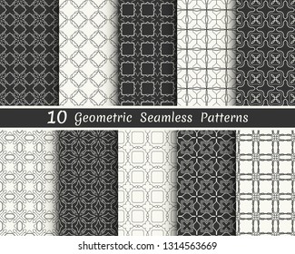 Set of seamless geometric patterns. Black and white line backgrounds collection. Endless repeating linear texture for wallpaper, packaging, banners, invitations, business cards, fabric print