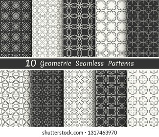Set of seamless geometric patterns. Black and white line backgrounds collection. Endless repeating linear texture for wallpaper, packaging, banners, invitations, business cards, fabric print