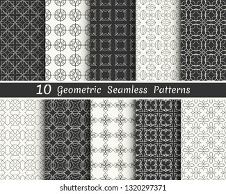 Set of seamless geometric patterns. Black and white line backgrounds collection. Endless repeating linear texture for wallpaper, packaging, banners, invitations, business cards, fabric print