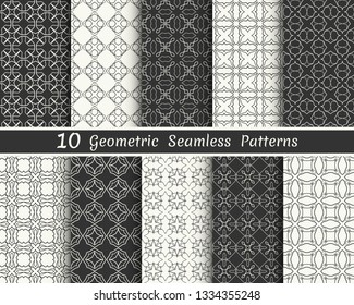 Set of seamless geometric patterns. Black and white line backgrounds collection. Endless repeating linear texture for wallpaper, packaging, banners, invitations, business cards, fabric print