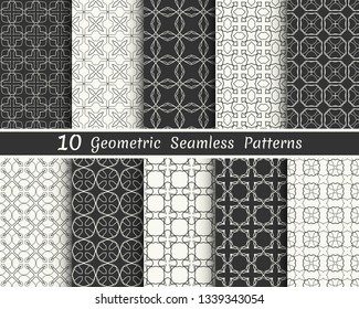 Set of seamless geometric patterns. Black and white line backgrounds collection. Endless repeating linear texture for wallpaper, packaging, banners, invitations, business cards, fabric print
