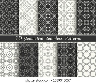 Set of seamless geometric patterns. Black and white line backgrounds collection. Endless repeating linear texture for wallpaper, packaging, banners, invitations, business cards, fabric print
