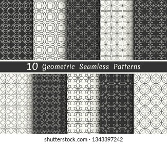 Set of seamless geometric patterns. Black and white line backgrounds collection. Endless repeating linear texture for wallpaper, packaging, banners, invitations, business cards, fabric print