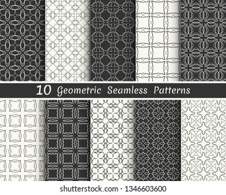 Set of seamless geometric patterns. Black and white line backgrounds collection. Endless repeating linear texture for wallpaper, packaging, banners, invitations, business cards, fabric print