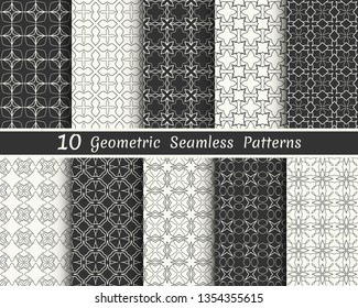 Set of seamless geometric patterns. Black and white line backgrounds collection. Endless repeating linear texture for wallpaper, packaging, banners, invitations, business cards, fabric print