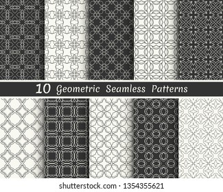 Set of seamless geometric patterns. Black and white line backgrounds collection. Endless repeating linear texture for wallpaper, packaging, banners, invitations, business cards, fabric print