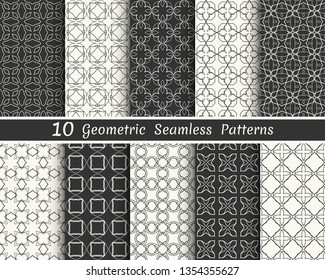 Set of seamless geometric patterns. Black and white line backgrounds collection. Endless repeating linear texture for wallpaper, packaging, banners, invitations, business cards, fabric print