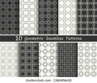 Set of seamless geometric patterns. Black and white line backgrounds collection. Endless repeating linear texture for wallpaper, packaging, banners, invitations, business cards, fabric print
