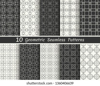 Set of seamless geometric patterns. Black and white line backgrounds collection. Endless repeating linear texture for wallpaper, packaging, banners, invitations, business cards, fabric print