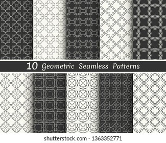 Set of seamless geometric patterns. Black and white line backgrounds collection. Endless repeating linear texture for wallpaper, packaging, banners, invitations, business cards, fabric print