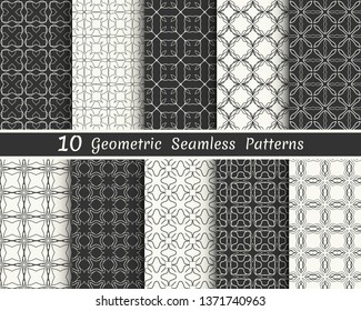 Set of seamless geometric patterns. Black and white line backgrounds collection. Endless repeating linear texture for wallpaper, packaging, banners, invitations, business cards, fabric print