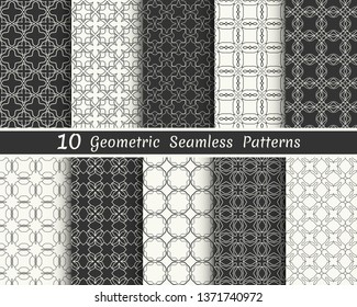 Set of seamless geometric patterns. Black and white line backgrounds collection. Endless repeating linear texture for wallpaper, packaging, banners, invitations, business cards, fabric print