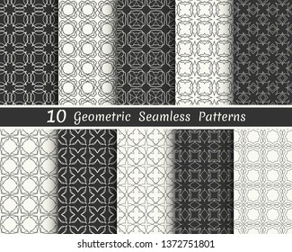 Set of seamless geometric patterns. Black and white line backgrounds collection. Endless repeating linear texture for wallpaper, packaging, banners, invitations, business cards, fabric print