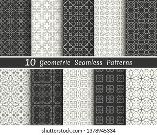 Set of seamless geometric patterns. Black and white line backgrounds collection. Endless repeating linear texture for wallpaper, packaging, banners, invitations, business cards, fabric print