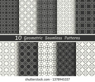 Set of seamless geometric patterns. Black and white line backgrounds collection. Endless repeating linear texture for wallpaper, packaging, banners, invitations, business cards, fabric print