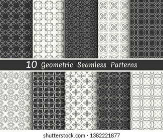 Set of seamless geometric patterns. Black and white line backgrounds collection. Endless repeating linear texture for wallpaper, packaging, banners, invitations, business cards, fabric print
