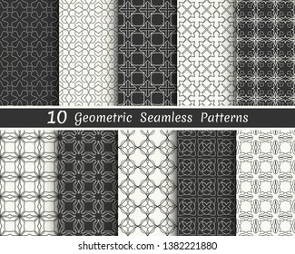 Set of seamless geometric patterns. Black and white line backgrounds collection. Endless repeating linear texture for wallpaper, packaging, banners, invitations, business cards, fabric print