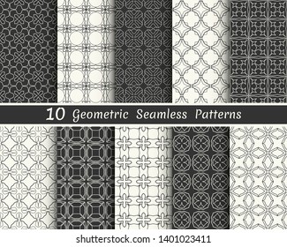 Set of seamless geometric patterns. Black and white line backgrounds collection. Endless repeating linear texture for wallpaper, packaging, banners, invitations, business cards, fabric print
