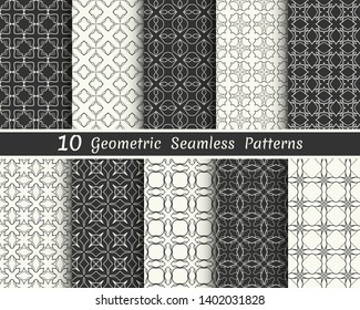 Set of seamless geometric patterns. Black and white line backgrounds collection. Endless repeating linear texture for wallpaper, packaging, banners, invitations, business cards, fabric print