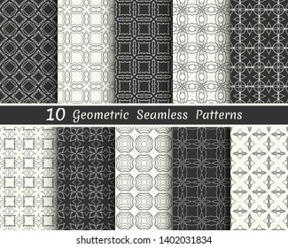 Set of seamless geometric patterns. Black and white line backgrounds collection. Endless repeating linear texture for wallpaper, packaging, banners, invitations, business cards, fabric print