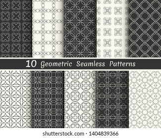 Conjunto de patrones geométricos sin fisuras. Colección de fondos en blanco y negro. Textura lineal extensible para papel pintado, embalaje, banners, invitaciones, tarjetas de visita, impresión de tela