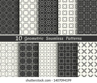 Set of seamless geometric patterns. Black and white line backgrounds collection. Endless repeating linear texture for wallpaper, packaging, banners, invitations, business cards, fabric print