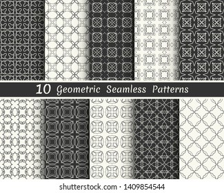 Set of seamless geometric patterns. Black and white line backgrounds collection. Endless repeating linear texture for wallpaper, packaging, banners, invitations, business cards, fabric print