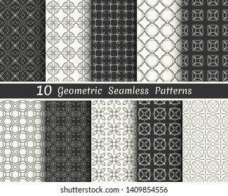 Set of seamless geometric patterns. Black and white line backgrounds collection. Endless repeating linear texture for wallpaper, packaging, banners, invitations, business cards, fabric print