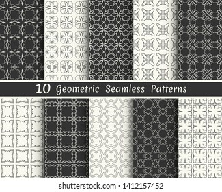 Set of seamless geometric patterns. Black and white line backgrounds collection. Endless repeating linear texture for wallpaper, packaging, banners, invitations, business cards, fabric print