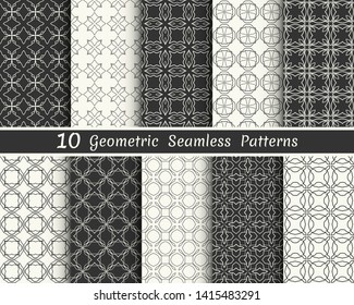 Set of seamless geometric patterns. Black and white line backgrounds collection. Endless repeating linear texture for wallpaper, packaging, banners, invitations, business cards, fabric print